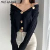 Matakawa Japanese Moda Retro Głębokie V-Neck Woman Swetry Metalowa dekoracja łańcucha Twist z długim rękawem Sweter Cardigan Kobiety 210513