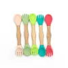 Baby Silicone Double-headed Fork Spoon Wooden Handle Learning Feeding Tableware Wholesale