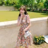 夏の花柄プリントミニドレス女性半袖シフォンカジュアルドローストリングシックスウィートビーチボー韓国人210506