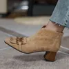 Sonbahar Bayanlar Koyun Süet Saçak Ayak Bileği Çizmeler Zip Tıknaz Yüksek Topuk Kare Toe Zincir Püskül Moda Kadınlar Modern 211105
