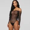 Mulheres sleepwear indefinido sexy macacão lingerie mulheres preto laço fishnet strass bodysuit off-shouder230b
