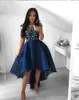 2021 Vintage Navy Blue Lace Cocktail Dresses Neck High Low Short Party Prom Gowns Homecoming Dresses Arabic Vestidos Evening Dresses