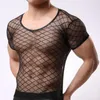 Men's T Shirts 70% Night Club Sexy Men Short Sleeve Mesh T-Shirt See-through Slims Fits Openwork Top Men's T-Shirts