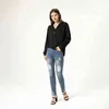 Dunkelblaue zerrissene Jeanshose für Damen, super dehnbar, dünnes Bein, Denim-Hose, Streetwear, lässig, Distressed-Hose mit Saum 211129
