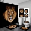 Dierlijke print Zwart Douche Gordijnen Leeuw Tiger 3D Badkamer Gordijn Set Antislip Bad Mat Zachte Toilet Deksel Cover Thuis Tapijten Tapijten 211116