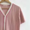 Verão coreano malha oco cardigans blusas mulheres de seda de gelo manga curta v-pescoço tops cor-bloqueado moda casual 210513