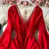 Vintage Red Long Dress Women Vacation Beach Lantern Långärmad Hög midja Bandage Vestidos Kvinna Party Robe Vår Höst 2021 Y0603