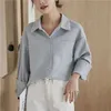 Camicie blu allentate minimaliste da lavoro OL per donna Colletto rovesciato Camicette donna primavera estate 210601