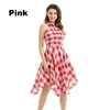 Vintage sommarflickor plaid klänning retro swing kjol kvinnor flicka pendling lapel hög midja ärmlös bomull röd stativ neck tröja klänningar