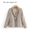 Beauty Classic Office Lady Blazer Slim Check Single-Breast Double Manches Décoration Costume Veste Casual Femmes 210514