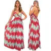 Mode sommar kvinnor boho maxi klänning baklöst ärmlös v nacke gradient randig utskrift kväll fest strand klänningar dam sundress 210522