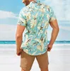 Mens klassisk olja print blad himmel blå sväng halsen kortärmad hawaiisk tröjor män strand slitage toppar 210527