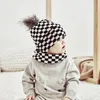 M379 New Autumn Winter Baby Kids Knitted Hat Neck Warmer Set Children Knitwear PLaid Beanie Skull Cap Neckerchief