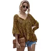 Damen Tops und Blusen Sommer V-Ausschnitt Schmetterlingshülse Leopardenmuster Lässige Frauenhemden Elegante Plus Size Bluse Femme 210608