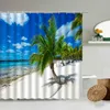 Душевые занавески Тропические зеленые растения океан пейзаж занавеска пляж пляж Летний пейзаж Ванная комната Водонепроницаемый домашний декор стены