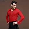 Erkek Kırmızı Dans Gömlek Yarışması Performans Balo Salonu Giyim Latin Tango Foxtrot Waltz Flamenko Rumba Samba Salsa Chemise 210522