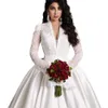 Elegant Mermaid Bridal Gowns Deep V-neck Long-sleeves Custom made Race Wedding Dresses Court Train Satin Ruched Tulle Beach Vestido de noiva