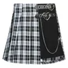 하라주쿠 격자 무늬 스커트 여름 벨트 체인 높은 허리 학교 JK 유니폼 블랙 펑크 미니 스커트 고딕 양식의 페티코트 스커트 210712