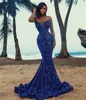 2022 Sparkly Sequins Hot Royal Blue Mermaid Prom Klänningar Sequined Lace Sweetheart Ärmlös Sexig Open Back Afton Party Gowns Vestidos Sweep Train