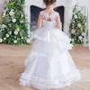 2022 Romantic Three Layers Flower Girl Dress Party Toddlers Lace Crystal Short Cap Sleeve Boat Neckline Wedding Guest Dresses Little Girls