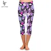 Letsfind 3d tropiska växter och blommor Flamingo Print Leggings High Waist Plus Size Slim Fitness Mid-Calf 210925