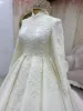 Abiti da sposa a collo alto Abito da sposa con maniche lunghe Applique in pizzo con perline Sweep Train in raso Custom Made Plus Size Vestido De Novia