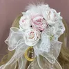 Headpieces T84B Japanese Lolita Bonnet Sweet Lace Artificial Flower Pearl Beading Top Hat Kawaii Ribbon Bow Feather Side Hair Clip Gothic