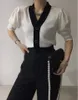 Färgblockerad stickad cardigan Knitwear Kvinnor Kortärmad V-hals singelbröst tröja sommar koreanska vintage damer jumpers 210513