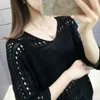 Hollow Thin Knit Sweater Women Loose Large Size Drawstring V-neck Solid Color Bat Sleeve Jumpers Pullover Female Spring Summer 210427