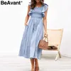 Beavant listrado plissado longo vestidos de verão mulheres elegante ruffle manga pinafore vestido casual bolsos vestido de linho vestidos 210709