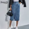 Benuynffy Único Joelho Breasted Comprimento Denim Saia Mulheres Streetwear Casual Bolso Alto Cintura Reta Calças de Jeans Saia 210721