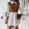 Casual Long Sleeve Mini Shirt Dress for Women White Spring Pu Leather Patchwork Plaid Woman Dresses Clothing Femme Robe 220228