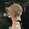 Bow Straw Sun Hat Brede randige zomerse hoeden voor vrouwen strand panama koepel emmer femme schaduw A25637 ELOB22