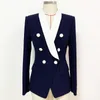 Navy Blue Women Jacket Coat Fashion Metal Buckle Dubbelbröst Långärmad Slim Shawl Collar Work Businsuit Blazer Women X0721