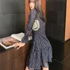 Корейский винтажный цветочный принт русалкой платье женщины с длинным рукавом V шеи Boho Beach повседневная порты вечеринка ES халат Femme 210514
