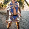 2021夏のヴィンテージ花柄の衣装カジュアルなビーチウェア男性2個セットメンズファッションボタンラペルシャツとショートパンツg1222