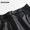 Aachoae Chic Frauen Schwarz PU Kunstleder Rock Mit Gürtel Hohe Taille Damen Mini Weibliche A-linie Mode s 210629