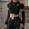 Goth Koyu E-Kız Tarzı Patchwork Siyah T-Shirt Gotik Bir Omuz Kol Y2K Kırpma Tops Ruffles Hem Hip Hop Techwear Kadın Tees Y0508