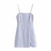 Summer Dress Blue Plaid Textured Slip Short es Donna Backless Tweed Mini Woman Office Eleagnt es 210519