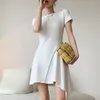 Asymmetrical White Dress For Women O Neck Short Sleeve High Waist Patchwork Diamond Irregular Hem Slim Dresses 210520