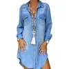女性の夏デニムドレスエレガントなファッションボタン装飾された緩い全長の通常のスリーブのターンダウンカラー210522