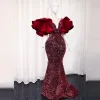 2022 musujące ASO EBI Dark Red Evening Dress Plus Rozmiar Ruffles Puffy Rękawy V Neck Mermais Cekiny Kobiety Republika Południowej Afryki Prom Dresses CG001