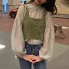 Ezgaga Korean Fashion Two Piece Set Women Blouse Shirts Hollow Out Knitted Vest Loose Sweet Pullover All-Match Casual Tops 210430