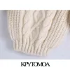 KPYTOMOA女性のファッションケーブル - ニットトリミングセータービンテージoネックパフスリーブ女性プルオーバーシックなトップス211215