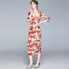 Vrouwen zomer ontwerper elegante ruches bloemen mesh sexy bruiloft feestje vrouwelijke rode vintage schede bodycon potlood jurk vestidos 210525