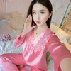 İpek Saten Pijama Kadınlar için Set Bayanlar Rahat Eğlence Pijama Lingerie Yüksek Kaliteli Dantel Uzun Kollu Ev Tekstili Iç Çamaşırı X0526