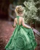 Princess Green Flower Girl Dress Halter Multilayered Ruffles Custom Made Birthday Gowns Backless Floor Length Pageant First Communion Dresses