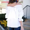 UGOCCAM Women Off Shoulder T-shirt Lantern Mouw Ruches Sexy Zomer Wit T-shirt Casual Plus Size Top Dames Blusas de Mujer 210324