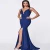 Charming Red Royal Blue Mermaid Evening Dresses Elegant Spaghetti Straps Satin Lace Prom Dress With Slit Backless Night Party Gown Robes De Soirée