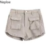 Neploe Denim Shorts Women Summer Vintage Big Pocket Solid Short Jeans Cargo Pants Korean Casual High Waist Baggy Jeans Overall 210422